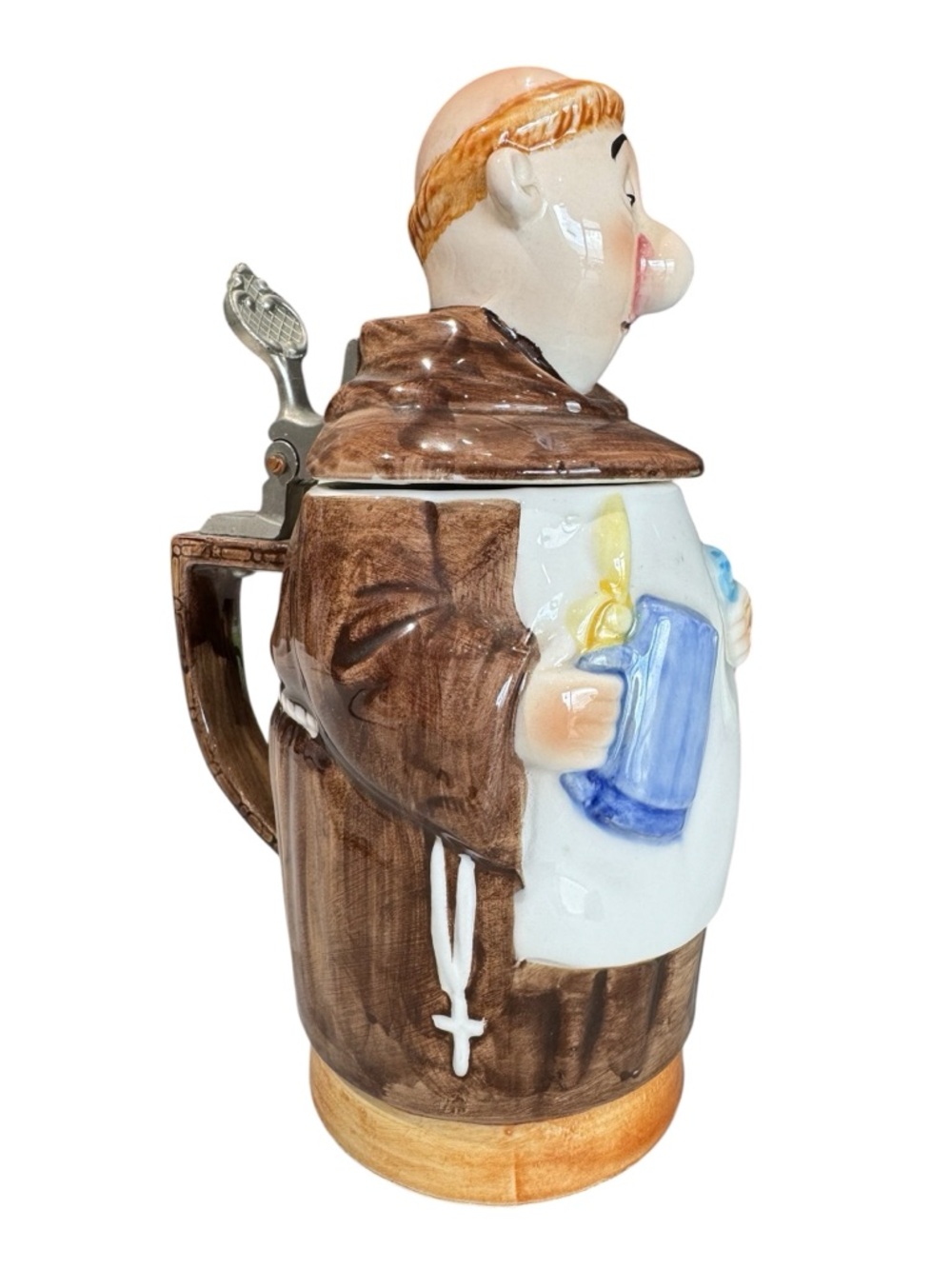 VTG Jovial Monk Ceramic Stein Mug Brown & Cream Functional Metal Lid Mechanism - Picture 5 of 15